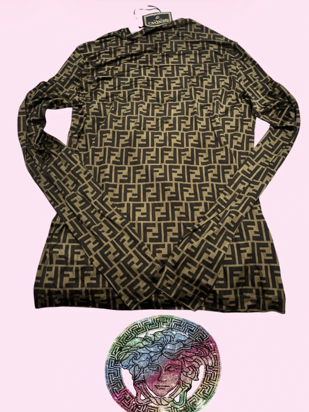 Fendace Fendi x Versace Rhinestone Medusa Logo Long Sleeve Top - Fendi Logo NWT - Picture 3 of 7